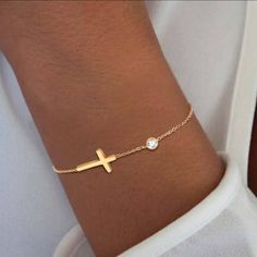 Gold Plated Cz Gold Christian Jewelry, Trendy Cross Jewelry For Party, Adjustable Cross-shaped Party Jewelry, Diamond Bracelet With Cubic Zirconia Chain, Trendy Gold Cross Jewelry, Elegant Cross Jewelry In Metal, Elegant Metal Cross Jewelry, Elegant Cross-shaped Metal Jewelry, Gold Crystal Chain Bracelet For Gifts