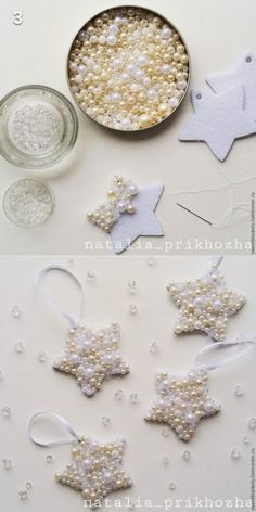 three different pictures of christmas ornaments with pearls and beads on the bottom, one is white