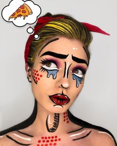 Cartoon Face Makeup, Comic Halloween Makeup, Pop Art Eye Makeup, Pop Art Makeup Halloween, Super Hero Makeup Women, Comic Makeup Pop Art, Face Paint Halloween Costumes, Cartoon Makeup Looks, Pop Art Face Paint