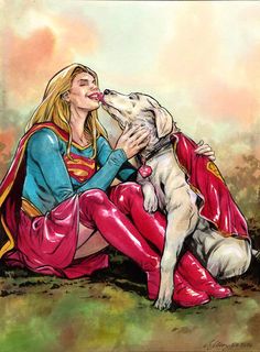 a painting of a woman kissing a dog on the nose with a red cape over her head