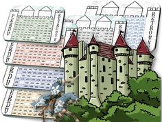 an image of a castle with knights on horseback in front of it and numbers for each card