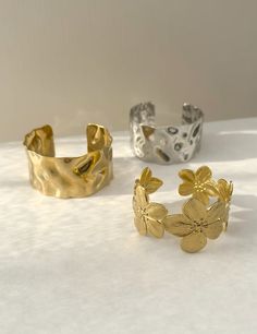 Gold cuff chunky bracelets for holiday. Waterproof and tarnish free, specially designed to last for years without tarnishing. 18K plated Gold on stainless steel. Flower Cuff Bracelet, Flower Cuff, Gold Cuff Bracelet, Bracelet Flower, Summer Bracelets, Gold Bracelet Cuff, Gold Cuffs, Silver Cuff Bracelet