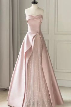 Pink Strapless Satin Floor Length Prom Dress, A-Line Formal Evening Dress, Customized service and Rush order are available Cute Prom Dresses Pink, Types Of Dresses Chart Style, Prom Dress Types, Dress Types Chart, Types Of Dresses Chart, Long Princess Dress, Prom Ball Gown Dresses, Tube Gown, Pink Tulle Prom Dress