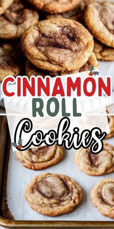 cinnamon roll cookies on a baking sheet with text overlay