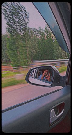 a car's rear view mirror with trees in the background