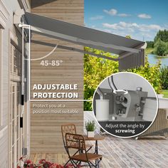 an advertise for a patio cover with the text, adjustable protection protect you at positions most suitable