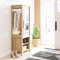 a white brick wall with a wooden cabinet and shoes