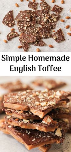 homemade english toffee with almonds on top and an image of the recipe