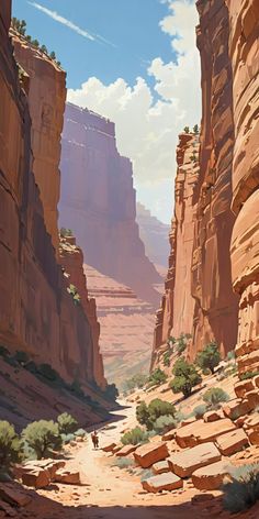 a painting of a man walking through a canyon