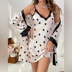 Brand New 2pcs Heart Print Contrast Lace Satin Pj Set Size S/4 Lingerie, Plus Size, Plus Size Shopping, Lingerie Collection, Heart Print, Lingerie Set, Women Lingerie, Lounge, Satin