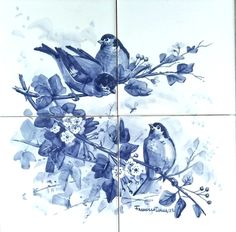 two blue birds sitting on top of flowers painted on ceramic tile wall art pieces in the shape of square tiles