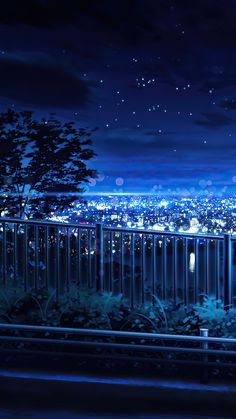 the night sky is lit up with stars and lights in the city as seen from a balcony