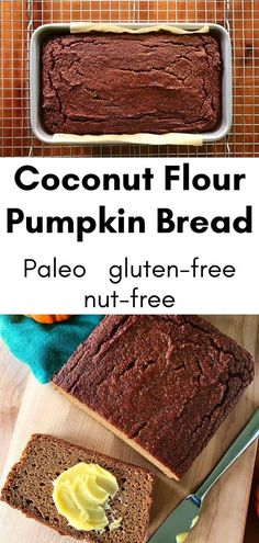 a loaf of coconut flour pumpkin bread on a cutting board