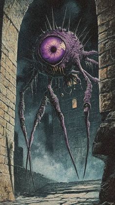 an illustration of a giant purple spider crawling out of a brick wall into a dark alley