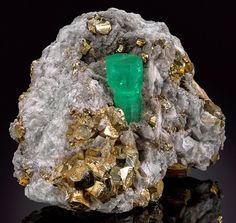 Emerald with Pyrite on Calcite from Columbia Crystal Magic, Minerals And Gemstones, Rocks And Gems, Crystals Stones, Emerald Gemstone, Gems And Minerals