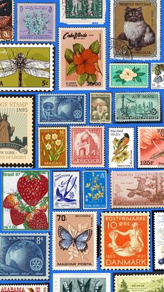 many different postage stamps with animals and flowers on them, all printed in different colors