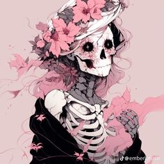 a skeleton with flowers in her hair