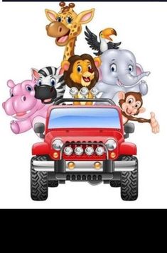 a car with many animals on it and an elephant, giraffe, zebra, rhino