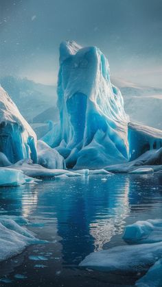 an iceberg floating in the water with snow on it