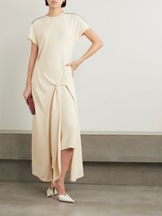 VICTORIA BECKHAM Asymmetric tie-detailed cady midi dress | NET-A-PORTER Victoria Beckham Collection, Victoria Beckham Dress, Victoria Beckham Outfits, Pleat Dress, Dress Art, Victoria Dress, Luxury Women Fashion, Abaya Dress, Home Clothes