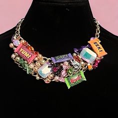 Nwt. Simply Stunning! Gold Tone Statement Necklace With An Assortment Of Wrapped Candy Pieces, Candy Corn, Pearls And Glow In The Dark Stones. Lobster Claw Clasp. 16” With A 3”’Extender Glow In The Dark Stones, Clutter Necklace, Wrapped Candy, Candy Necklaces, Stone Statement Necklace, Diy Jewelry Necklace, Candy Jewelry, Betsey Johnson Jewelry, Phone Call