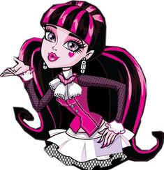 a drawing of a girl with pink hair wearing a dress and black shoes, holding her hand out