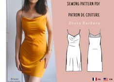 a woman in a yellow dress is standing next to a pink background with the words sewing pattern pdp patron de couture