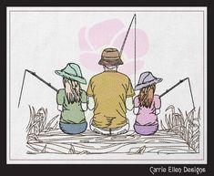 three people sitting on a boat with fishing rods