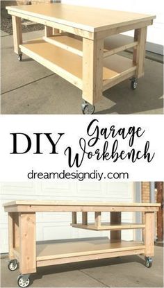 the diy garage workbench is made from wood and has wheels on it