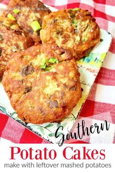 three baked potato cakes sitting on top of a red and white checkered table cloth