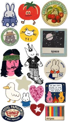 an assortment of stickers that include cartoon characters and other things in the shape of hearts