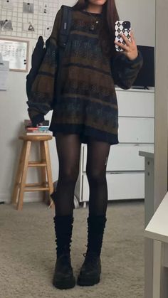 Slip Dress Alternative Outfit, Grundy Fall Outfits, Fall Outfit Inspo Grunge, Sweater Dress Grunge, Thanksgiving Outfit Grunge, Fall Outfits 2023 Grunge, Cute Fall Grunge Outfits, Cute Soft Grunge Outfits, Alt Girl Fall Outfits