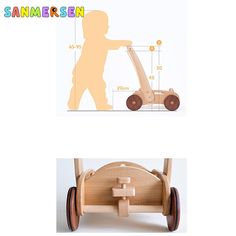 the wooden toy car is shown with measurements