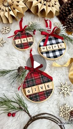 three christmas ornaments with the words hope, hope and hope spelled in scrabble