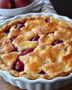 a pie sitting on top of a wooden table