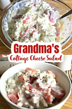 a bowl filled with cottage cheese salad next to a glass bowl full of coleslaw