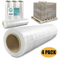 four rolls of clear plastic wrap on pallets with 4 packages for each package in the background