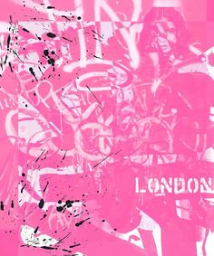 an abstract painting with the word london on it in white and pink colors, against a background of graffiti