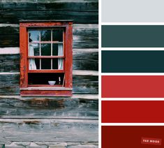 an old cabin with red window and wood paneling, along with the color swatches