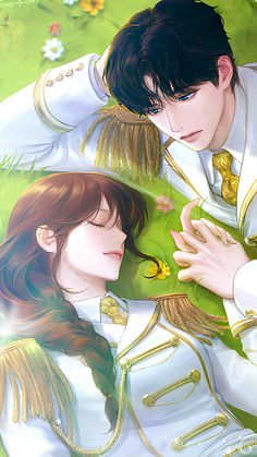 two anime characters are hugging each other in front of green grass and flowers, one is wearing a white coat