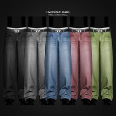 five pairs of colored jeans are lined up in a row on a black background with the words over sized jeans written below them