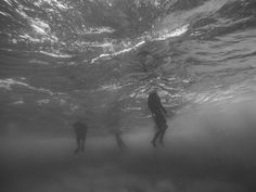 two people in wetsuits are swimming under the water with their backs turned to the camera