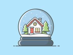 a snow globe with a house inside it and trees in the front, on a blue background