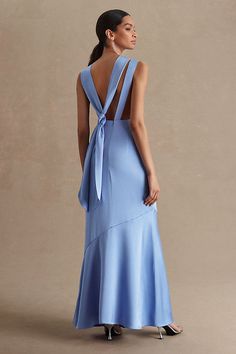 The Significant Other Lana Maxi Dress boasts a high, elegant cowl neckline and an open back for a touch of unforgettable glamour. | Lana Cowl-Neck Tie-Back Satin Maxi Dress by Significant Other in Blue, Women's, Size: 8, Polyester/Satin at Anthropologie Blue Silk Maxi Dress, High Neck Bridesmaid Dresses, Blue Satin Dress, Boat Wedding, Bridal Party Attire, Boston Harbor, Party Attire, Blue Maxi, March 7