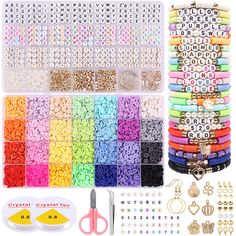 many different types of beads, scissors and other items