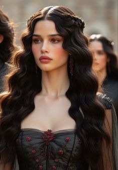 a woman with long dark hair wearing a black dress and red flowers in her hair