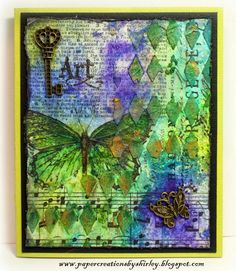 an altered photograph of a butterfly with music notes on it's wings and keys