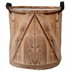 a wooden bucket with metal handles