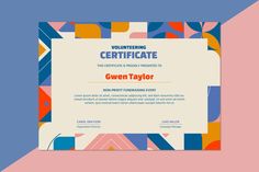 a certificate with colorful geometric shapes on the front and back of it in blue, pink, yellow and orange colors