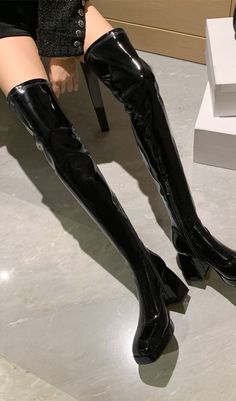 Mid Heel Shoes, Mid Heel, Leather Fabric, Black Patent Leather, Heel Shoes, Over The Knee Boots, Over The Knee, World Tour, Over Knee Boot